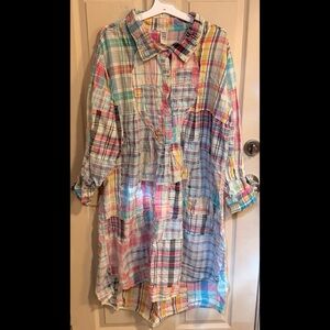 Magnolia Pearl Pastel Plaid Button-Front Shirt dress Madras patchwork rainbow